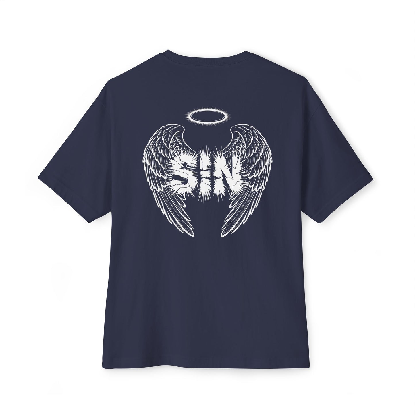 "Sinful Serenity" Oversized Boxy Tee – Where Purity Meets Rebellion -color - Navy - available in USA