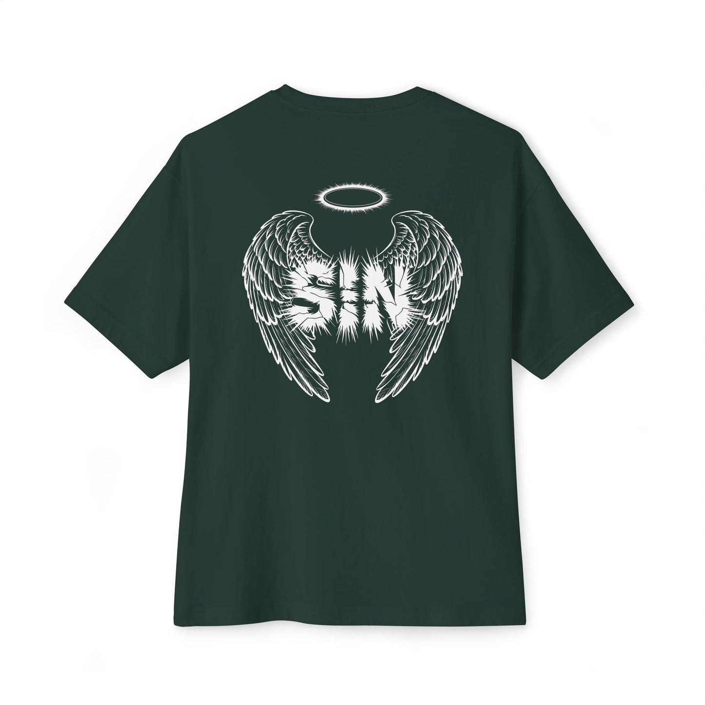 "Sinful Serenity" Oversized Boxy Tee – Where Purity Meets Rebellion -color - Forest - available in USA