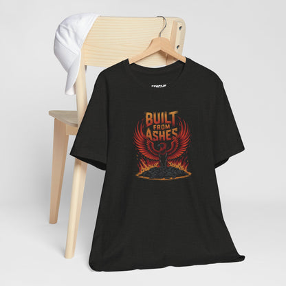 "Built from Ashes" Unisex Jersey Tee – Rise Strong, Burn Brighter -color - Black Heather - available in USA