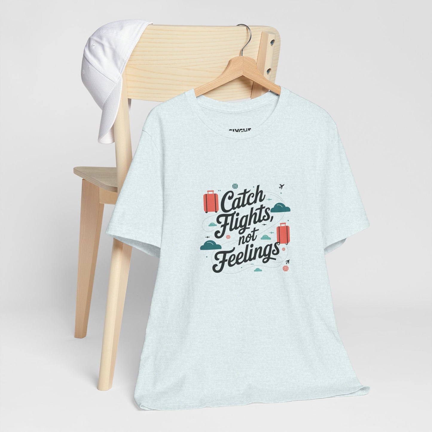 "Catch Flights, Not Feelings" Unisex Tee – For the Jetsetter with a Heart of Steel -color - Heather Ice Blue - available in USA