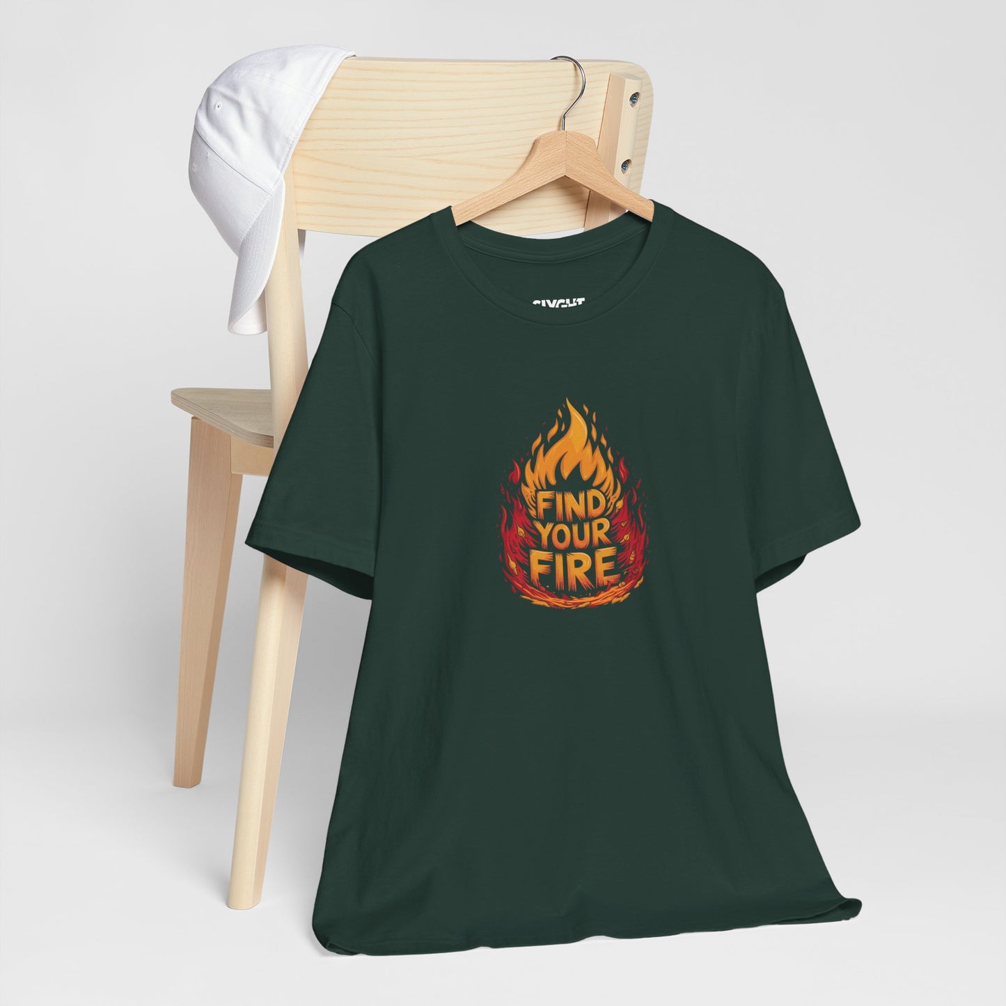 "Find Your Fire" Fiery Graphic Tee – Ignite Your Passion in Style -color - Forest - available in USA