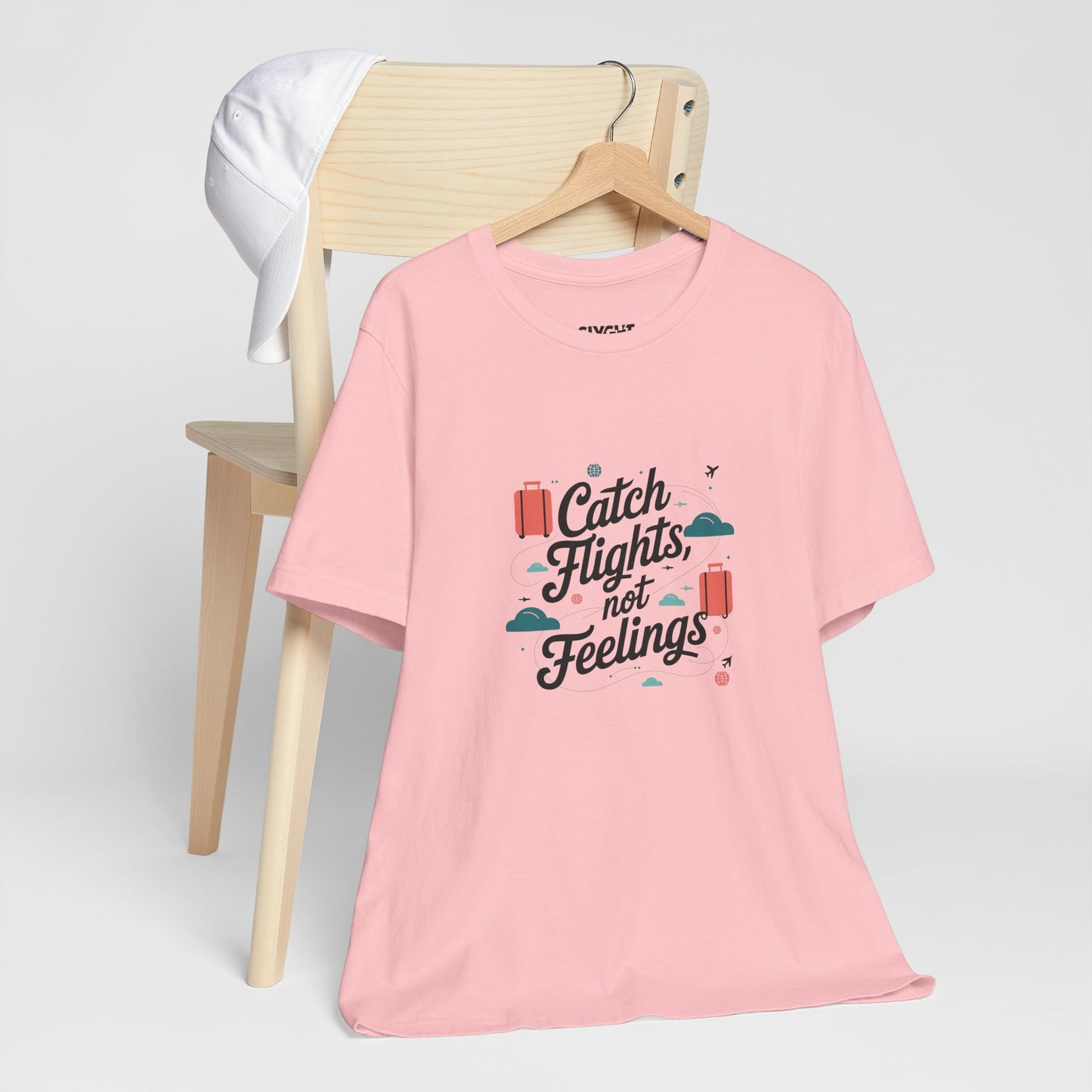 "Catch Flights, Not Feelings" Unisex Tee – For the Jetsetter with a Heart of Steel -color - Pink - available in USA