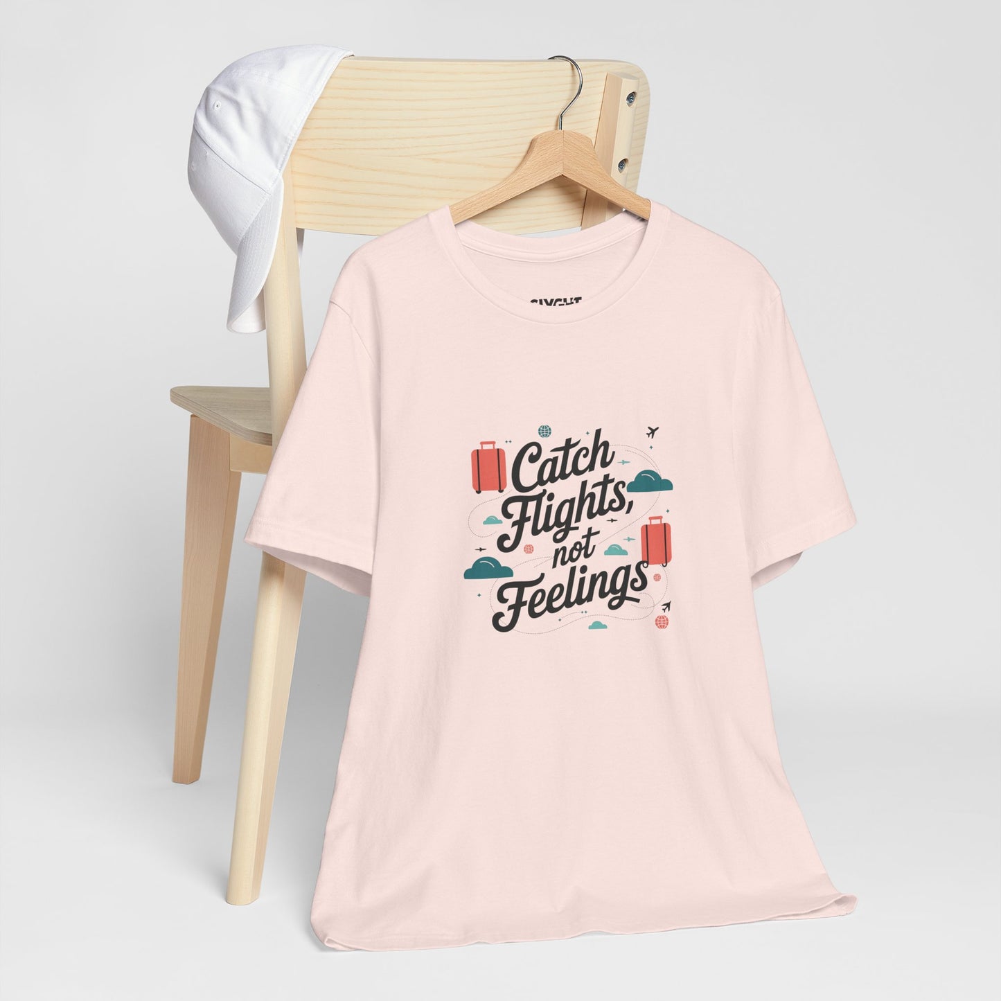 "Catch Flights, Not Feelings" Unisex Tee – For the Jetsetter with a Heart of Steel -color - Soft Pink - available in USA