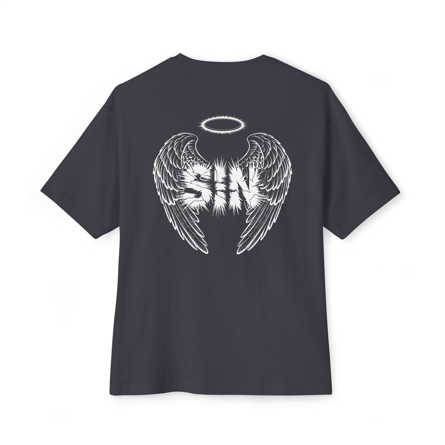 "Sinful Serenity" Oversized Boxy Tee – Where Purity Meets Rebellion -color - Dark Grey - available in USA