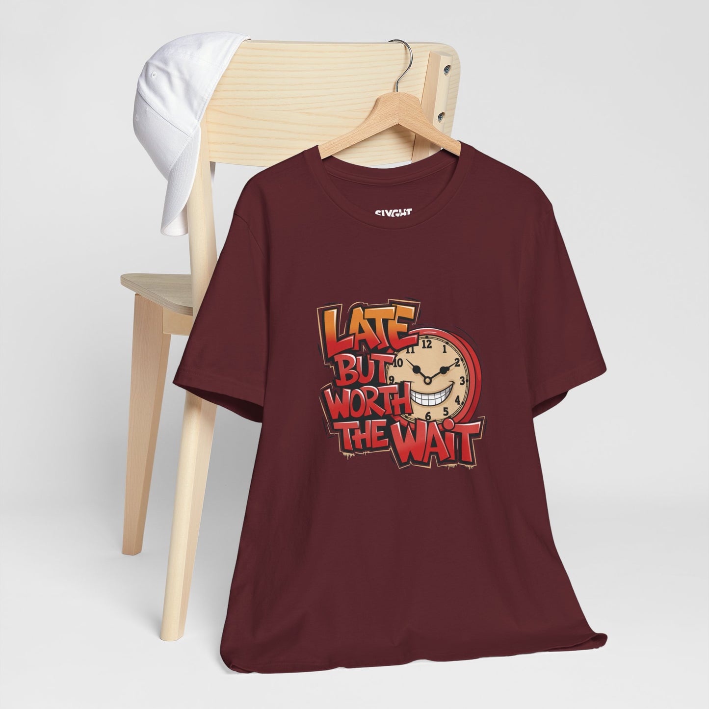 "Late but Worth the Wait" Unisex Tee – Time Well Spent -color - Maroon - available in USA