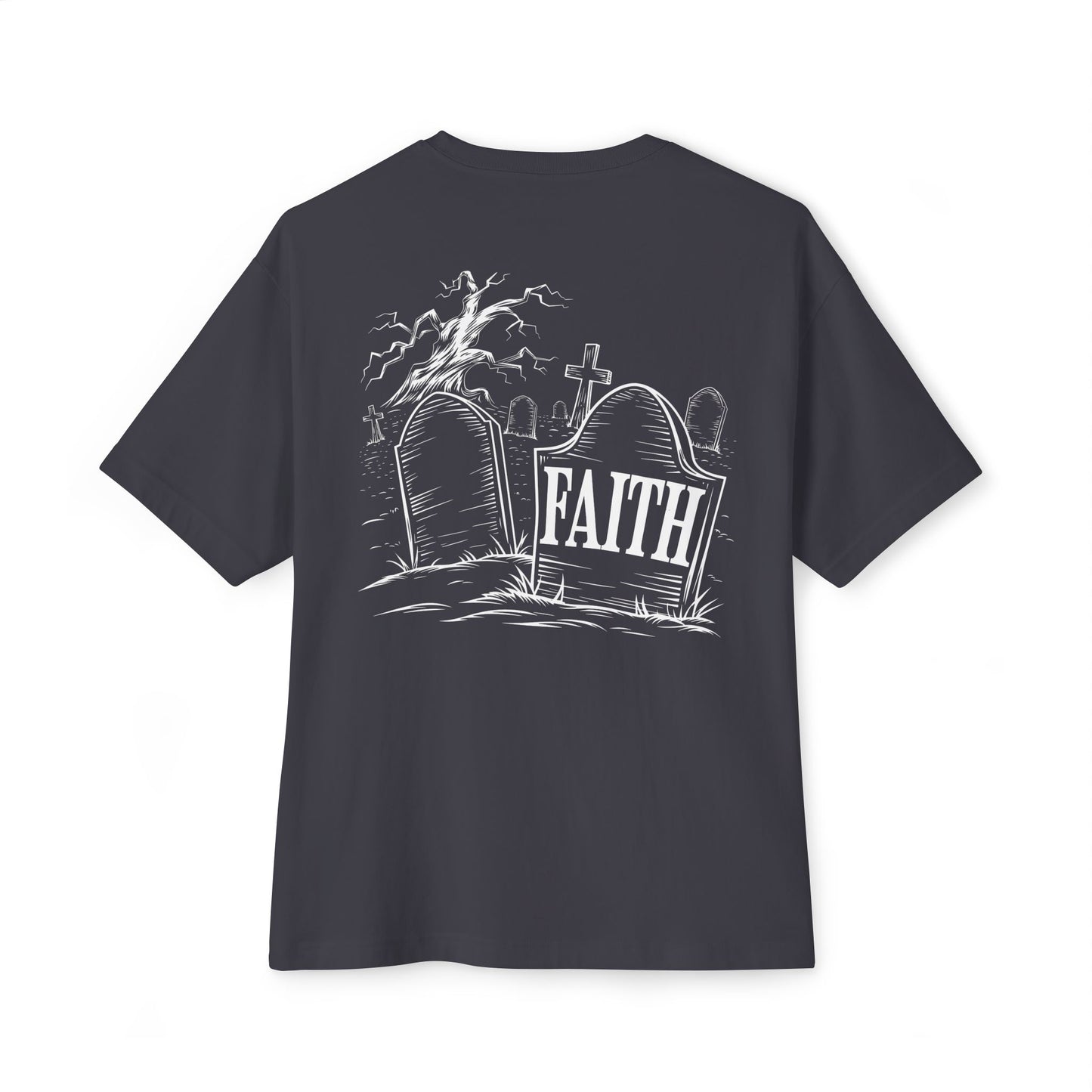 "Faith in the Shadows" Oversized Boxy Tee – Wear Your Edge with Confidence -color - Dark Grey - available in USA