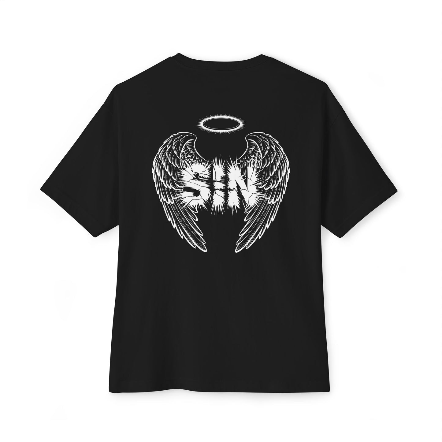 "Sinful Serenity" Oversized Boxy Tee – Where Purity Meets Rebellion -color - Black - available in USA