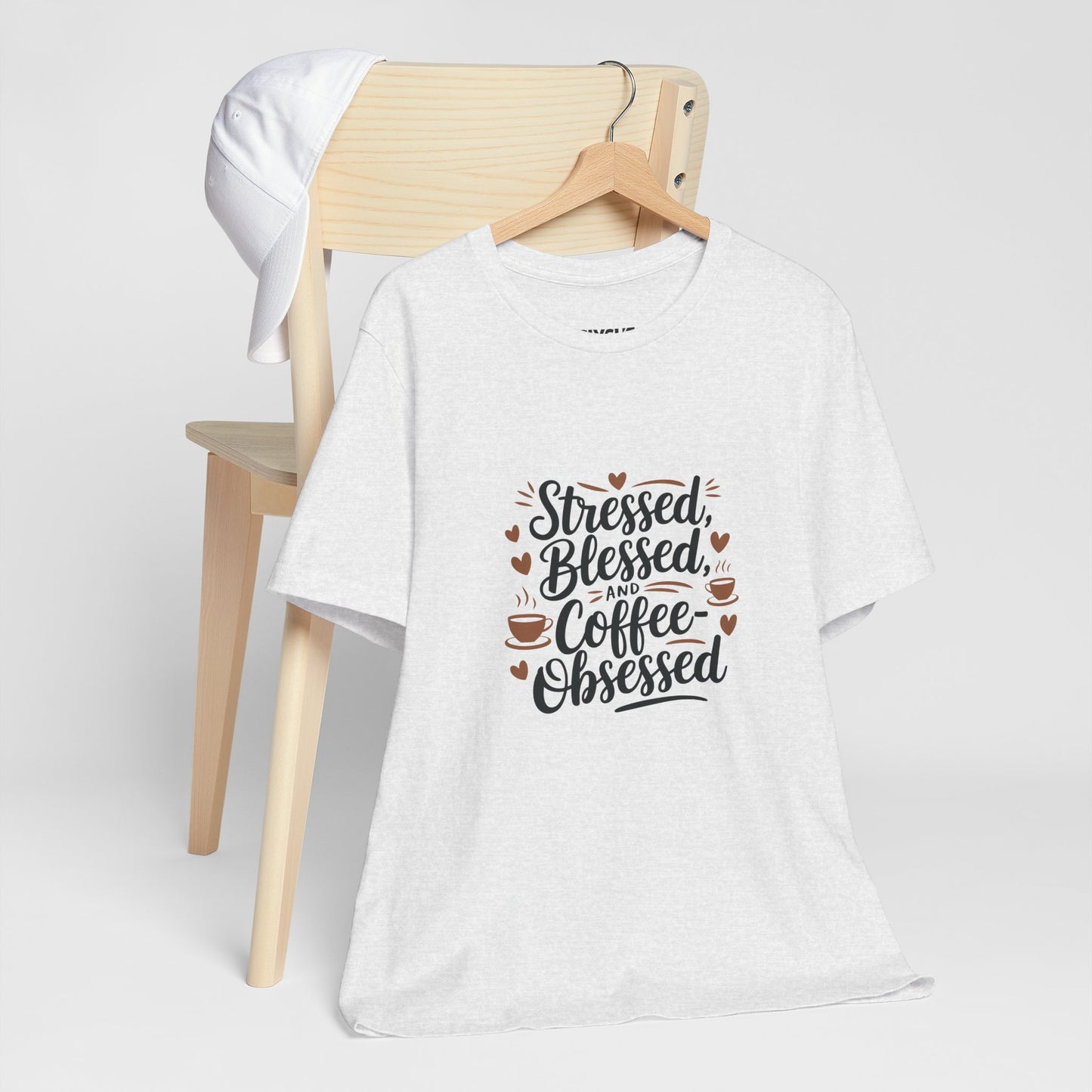 "Stressed, Blessed & Coffee-Obsessed" Unisex Short Sleeve Tee – Because Coffee is a Lifestyle -color - Ash - available in USA