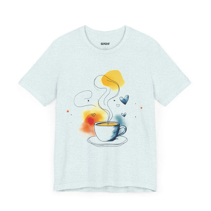 "Coffee Dreamer" Pastel Line Art Tee – Sip in Style with a Touch of Whimsy -color - Heather Ice Blue - available in USA