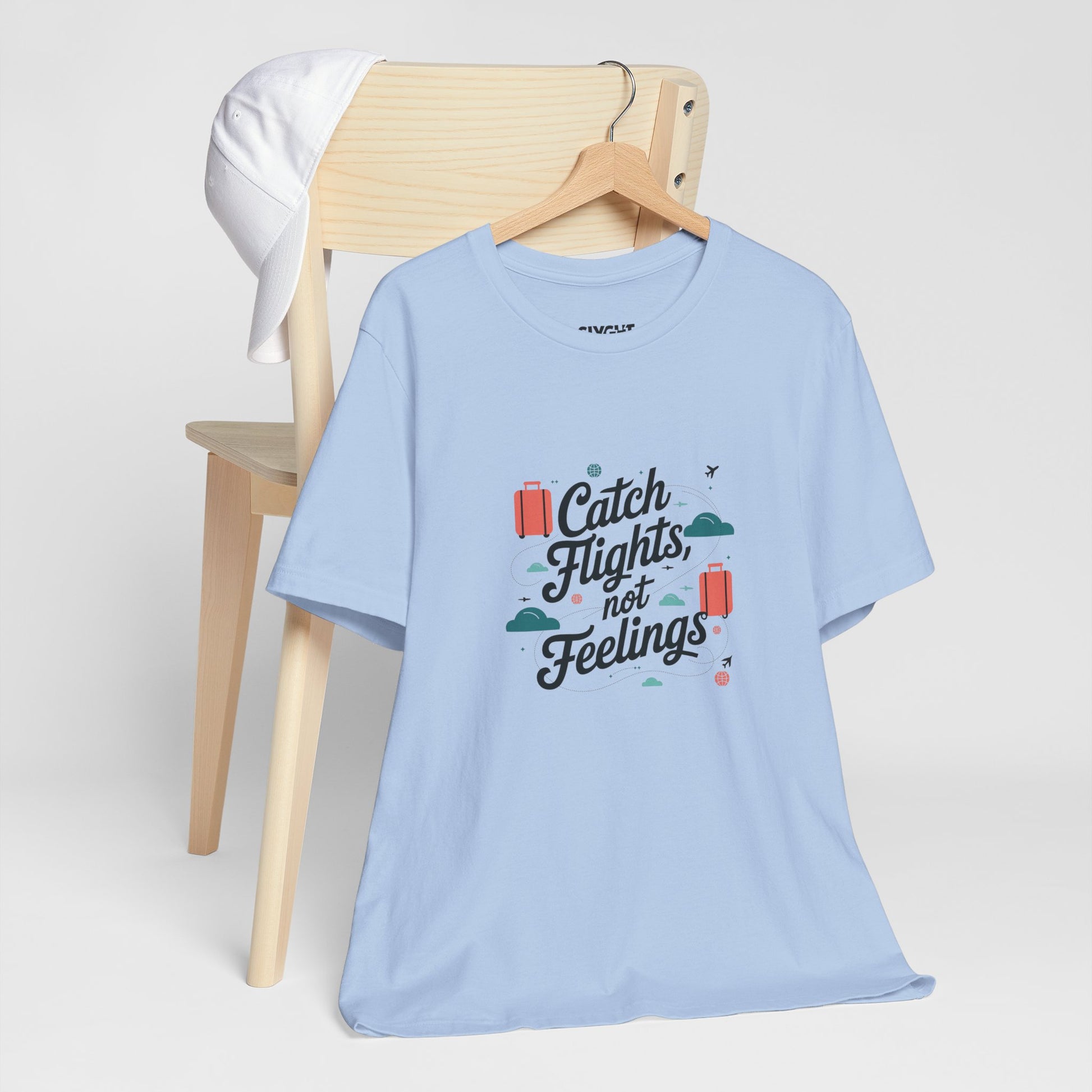 "Catch Flights, Not Feelings" Unisex Tee – For the Jetsetter with a Heart of Steel -color - Baby Blue - available in USA