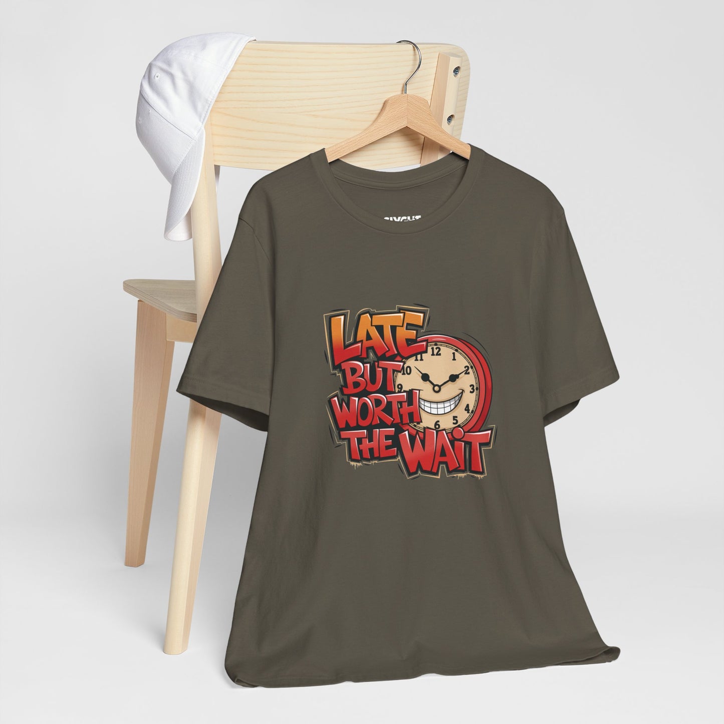 "Late but Worth the Wait" Unisex Tee – Time Well Spent -color - Army - available in USA