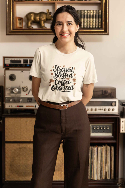 "Stressed, Blessed & Coffee-Obsessed" Unisex Short Sleeve Tee – Because Coffee is a Lifestyle -color - - available in USA