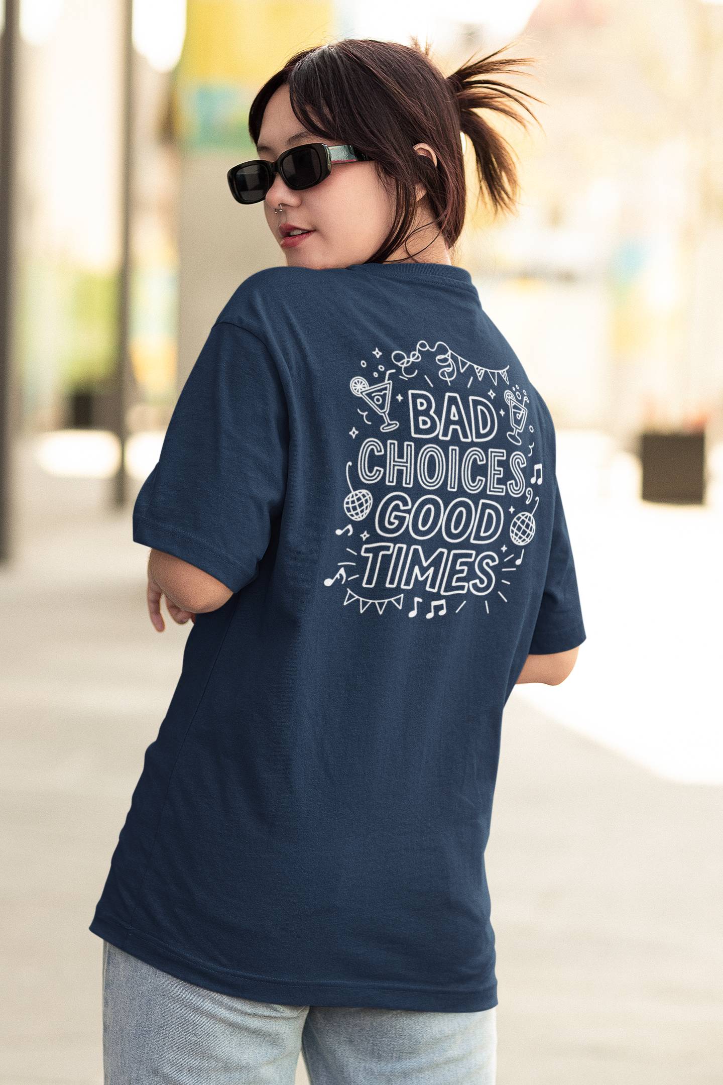"Bad Choices, Good Times" Oversized Boxy Tee – Party Hard, Stay Stylish -color - - available in USA